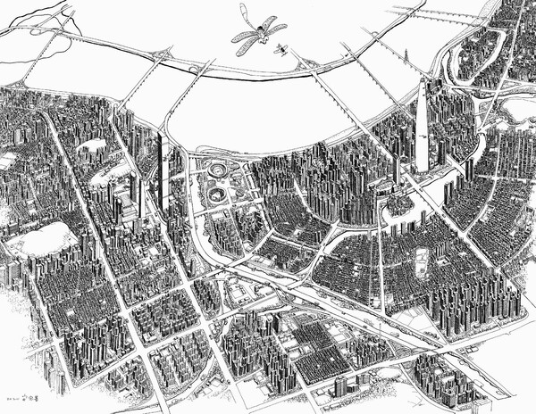 잠실 일대, 종이에 먹펜, 76×56cm, 2020년. 안충기