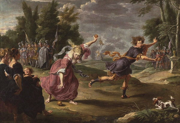 달아나는 멜라니온(우)과 황금 사과를 줍는 아탈란테(좌)