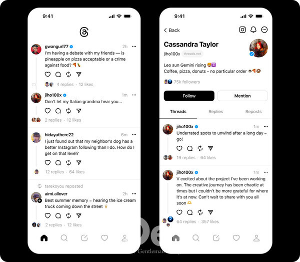 왼쪽부터 스레드, 인스타그램. 스레드는 짧은 글을 게시한다는 점에서 트위터와 같다. 스레드는 무조건 인스타그램 계정으로만 생성할 수 있다. 즉 스레드 앱에서 자체 가입은 불가능하다. 스레드의 게시물을 인스타그램으로 바로 공유할 수 있다는 게 장점이다. 반면 트위터는 연동되는 플랫폼이 없다. ⓒCNN