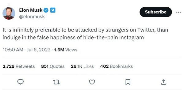 스파이더맨 그림을 올린 저커버그에 대항해 머스크는 “고통을 숨기는 인스타그램의 거짓된 행복에 빠지는 것보다 트위터에서 낯선 사람의 공격을 받는 것이 훨씬 더 좋다”고 적었다.