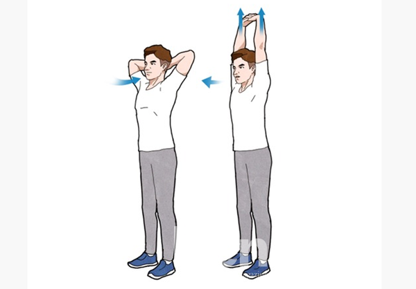① 두 손을 깍지 낀 채 뒤통수에 대고 천천히 숨을 들이마신다.<br>② 천천히 숨을 내쉬면서 팔을 위로 뻗어 기지개를 켠다.<br>③ 원래 자세로 돌아와 차분하게 호흡한다.