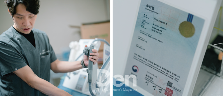 직접 개발한 트레이닝 모듈의 사용법을 설명하고 있는 김동춘 부장과 특허증 ⓒDen