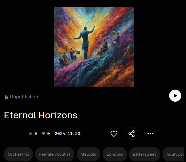 Udio에서 ‘Cinematic Orchestra’를 입력하자 30초 내외의 음악이 손쉽게 제작된다. ⓒ Udio<br>