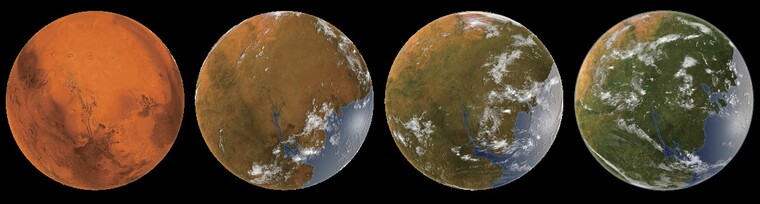 화성(왼쪽)이 테라포밍을 거쳐 지구와 비슷한 모습(오른쪽)으로 바뀌는 과정의 상상도.&nbsp;©shutter stock<br>