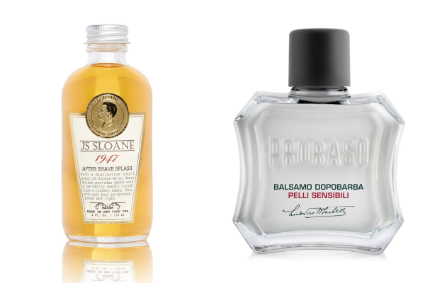 클래식한 향과 파우더리한 제형이 특징인 JS Sloane 1947 애프터 셰이브 스플래시. 113ml. 26.95달러.(좌) 라임과 사과 향이 어우러진 프로라소 애프터 셰이브 밤 센서티브 그린티. 100ml. 4만2000원.(우) ©JS SLOANE, 프로라소<br>